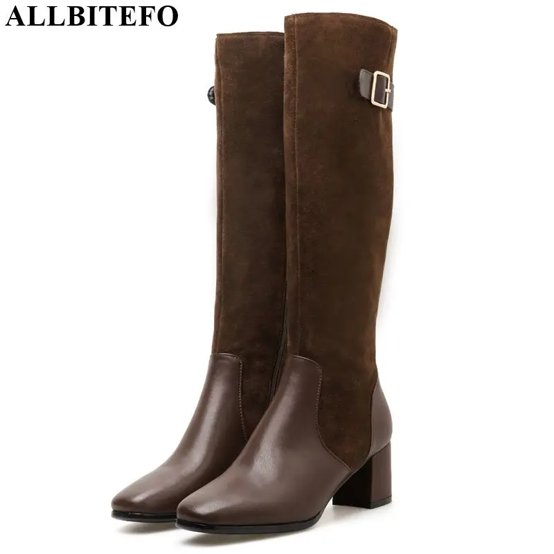 

ALLBITEFO fashion brand high heels women boots full genuine leather thick heel women knee high boots winter snow long boots