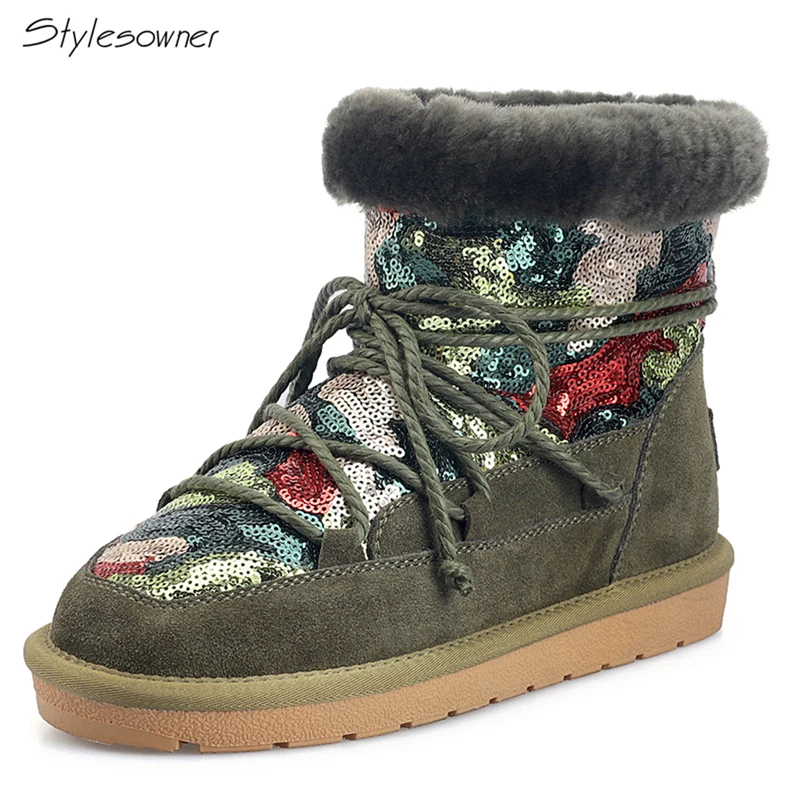 

Stylesowner Women Ankle Boots Winter Lace Up Warm Wool Snow Boots Round Toe Real Suede Leather Bling Bling Boots Sequined Shoes