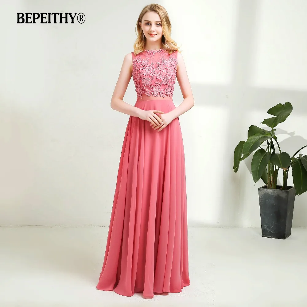 

BEPEITHY Long Evening Dress Party Elegant Lace Top Vestido De Festa 2019 Sheer Back Vintage Prom Dresses