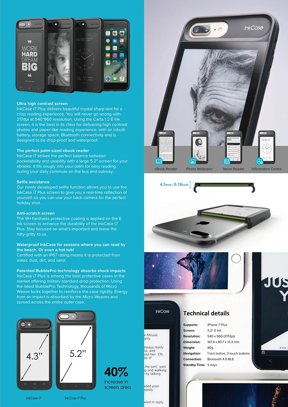 oaxis inkcase e ink screen case for iphone 7 plus second screen ebooks 5 2 capacitive touch ebook reader for iphone 7plus cases