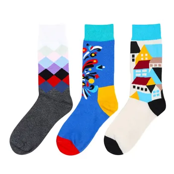 

2018 men crew cotton socks british style argyle dot striped pattern harajuku fashion novelty warm sock