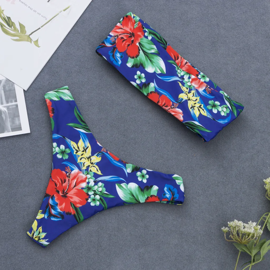 

Women Print Tube up Two Pieces Bikini Push-Up Swimsuit Swimwear Beachwear Strapless Halter Female Biquini Stroj Kapielowy #C
