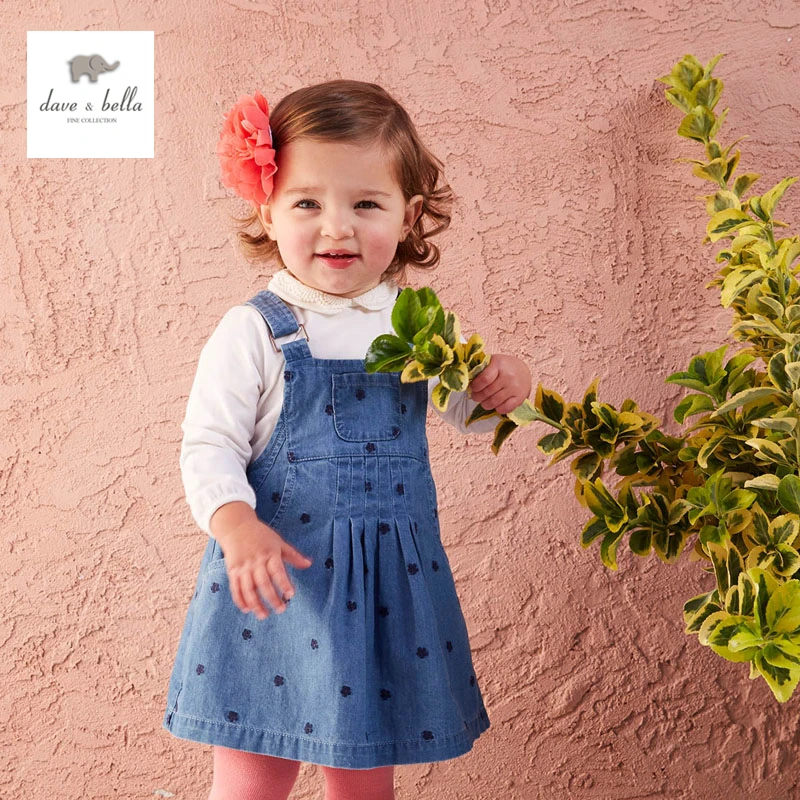 

DB4410 dave bella baby girl denim blue dress flower embroidery dress suspender dress