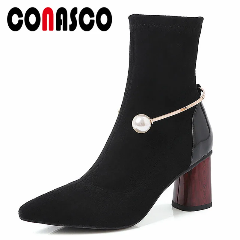 

CONASCO Fashion Brand Ankle Boots High Heels Beading Party Wedding Shoes Woman Pointed Toe Quality Warm Basic Boots New Pumps