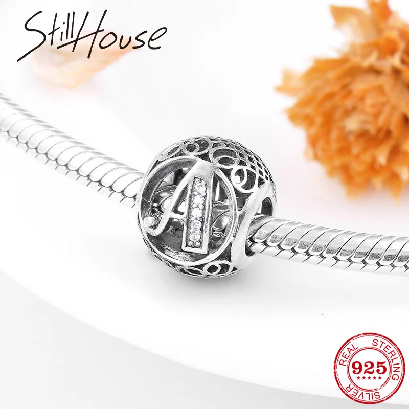 

Authentic 925 Sterling Silver Hollow Letter A Charms CZ beads Fit pandora charms silver 925 original Bracelet Jewelry making