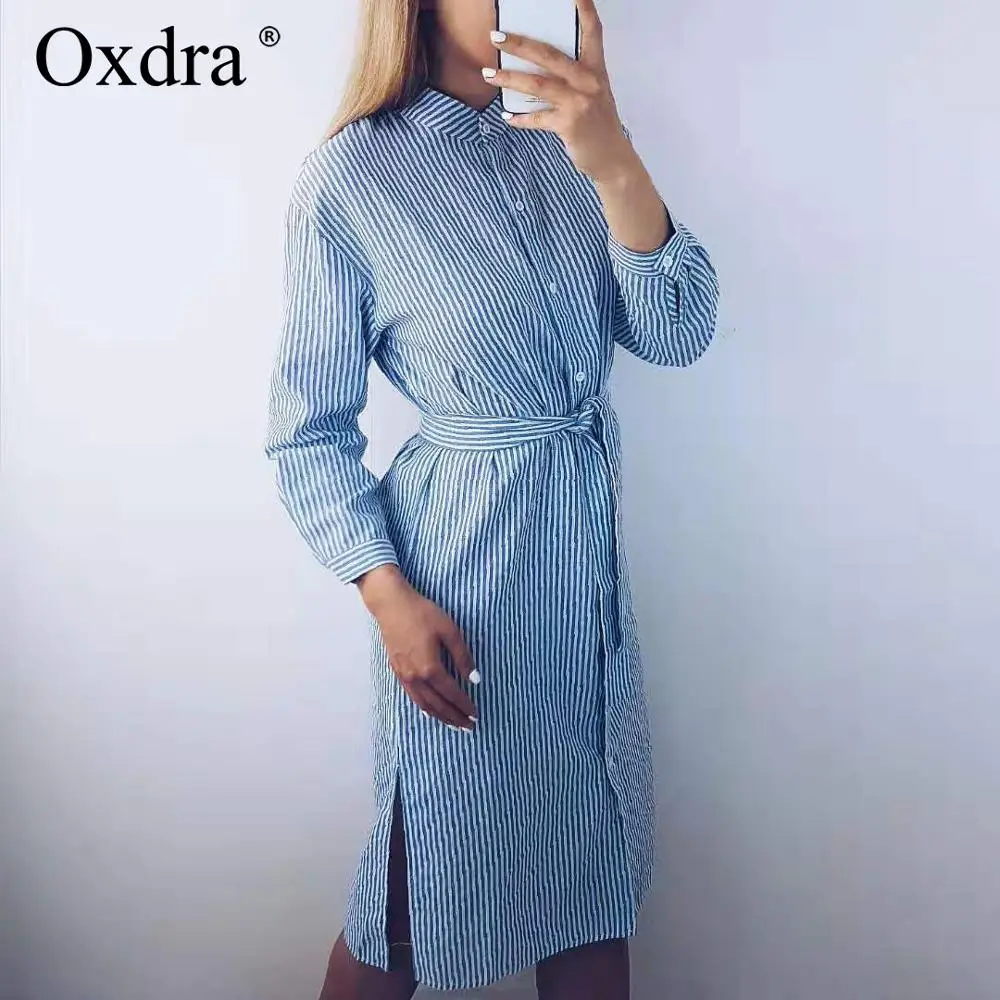 

Oxdra Striped Dress Loose Dresses With Sashes Stand Collar 2019 Spring Casual Knee-Length Womens Clothing