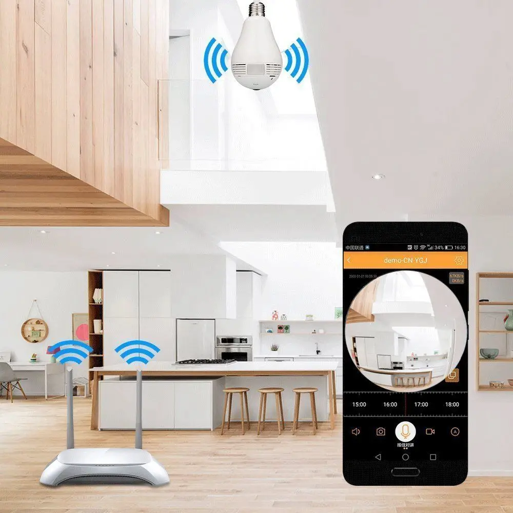 IP камера WiFi лампа рыбий глаз 360 градусов Беспроводная панорамная наблюдения