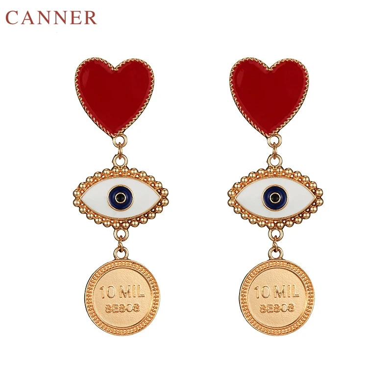 Gold Round Drop Earring Vintage Red Heart Eyes Dangle Earrings for Women Fashion Jewelry Bohemian Statement Earrings 2019 C40