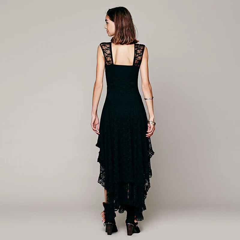 Ahmagen Sexy Irregular Lace Dress Women Hollow Out Elegant Party Dresses Backless Pleated Long Maxi Skater Dress Summer Beach Wear 201706