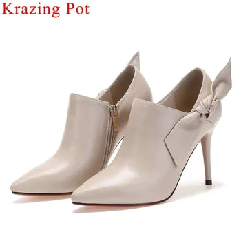 

2019 natural leather stiletto super high heels sexy pointed toe butterfly-knot decoration zipper model runway wedding shoes L07