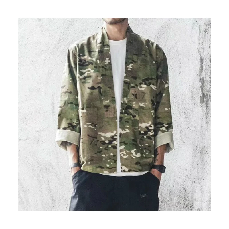 

Harajuku Camouflage Open Stitch Kimono Ribboned Bottom Twill Jacket Free Shipping