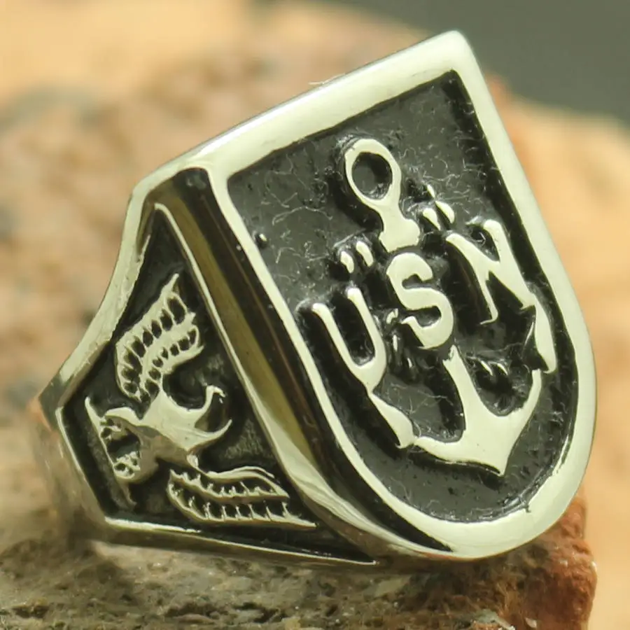 Mens 316L Stainless Steel Cool Eagle Shield Silver Anchor US Navy Ring