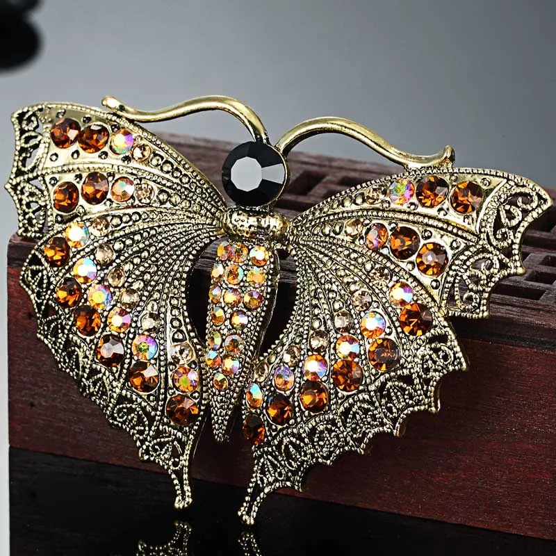 Модная женская Винтажная брошь в виде бабочки, брошь на булавке, идеальные Стразы, броши в виде букета, ожерелье, есть аксессуары, Брендовые женские булавки для хиджаба - Окраска металла: Antique Gold Brown