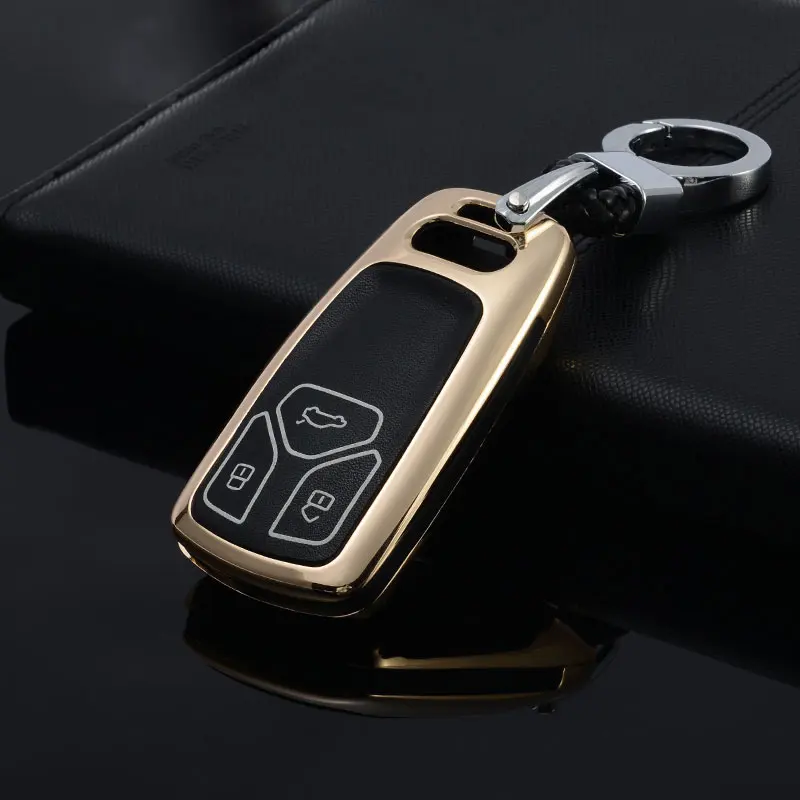 Световой кожаный чехол для автомобильных ключей, крышка чехол для Audi A5 Q7 S4 S5 A4 B9 Q7 A4L и формирующая листы для кровли 4 м TT TTS RS 8 S смарт-ключ чехол - Название цвета: Золотой