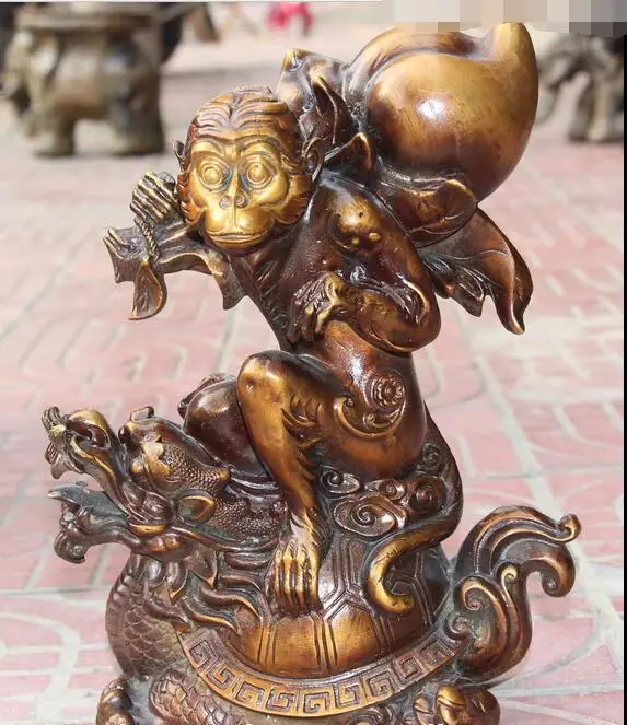 

free 14" Chinese Bronze Dragon Tortoise Monkey Monkeys Animal Hold Peach Statue fast