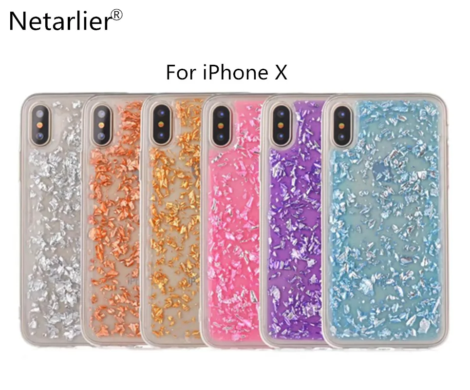 

Netarlier Newest Luxury Case For iPhone X 5.8inch High Quality TPU Soft Gold Silver Pink Flakes Confetti Phone Back Case Cover