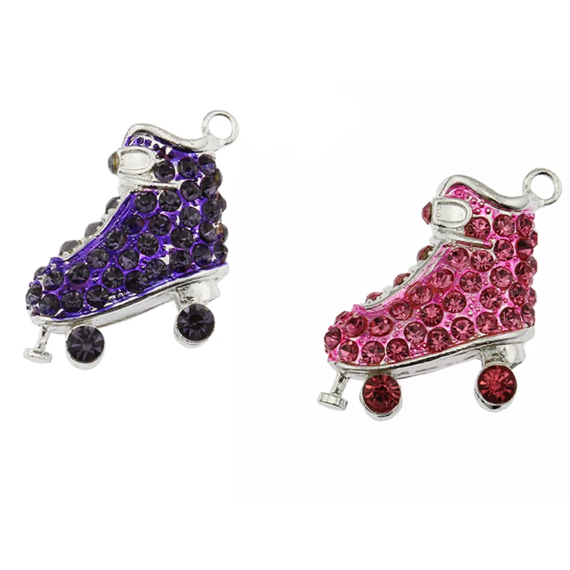 

10pcs/lot hot sell 3D high quality Silver Rhinestone Enamel Ice Skating Shoe Pendant 2colors Charm For Necklace