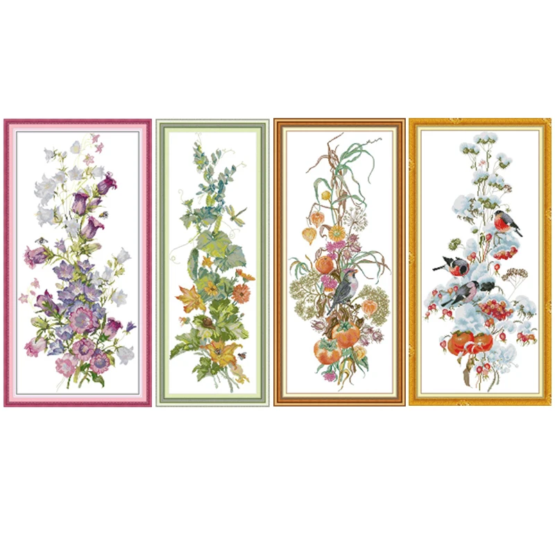 

NKF Four Seasons Flower Stamped Cross Stitch Patterns DIY Kits Needlework Embroidery Sets Cross Stitch for Home Decor