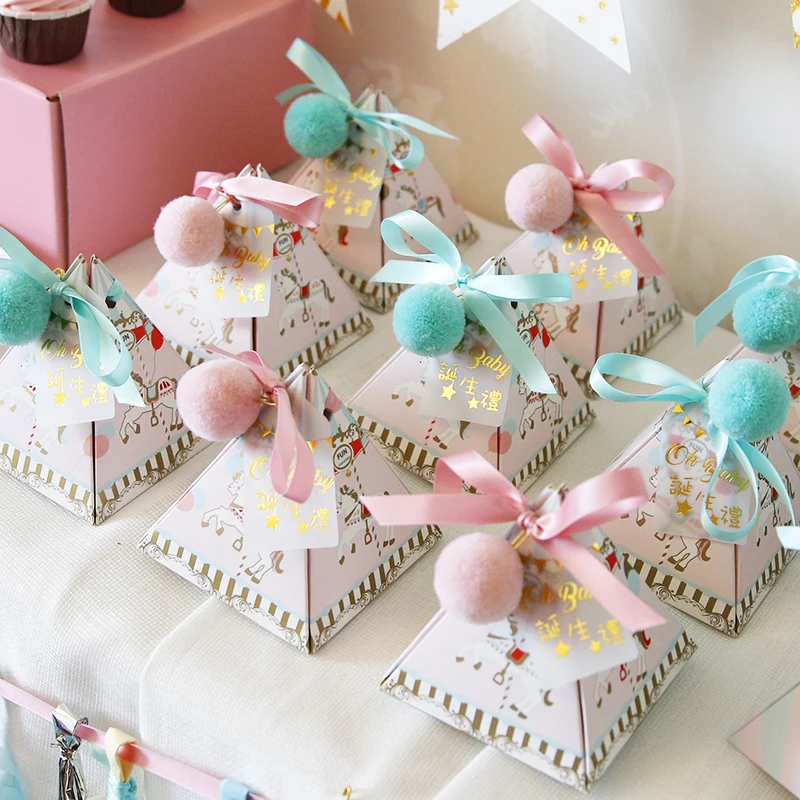 Новые Треугольные крестины Baby Shower синий/розовый мультфильм лошадь конфеты коробки с лентой& Бирки& шары крещение вечерние коробки подарка