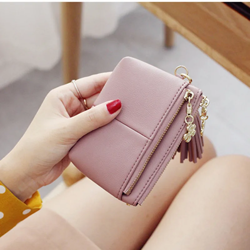 

2017 Gsenmo Women Mini Wallets Female Tassel Pendant Short Money Wallets PU Leather Lady Zipper Coin Purses Fashion Card Holders