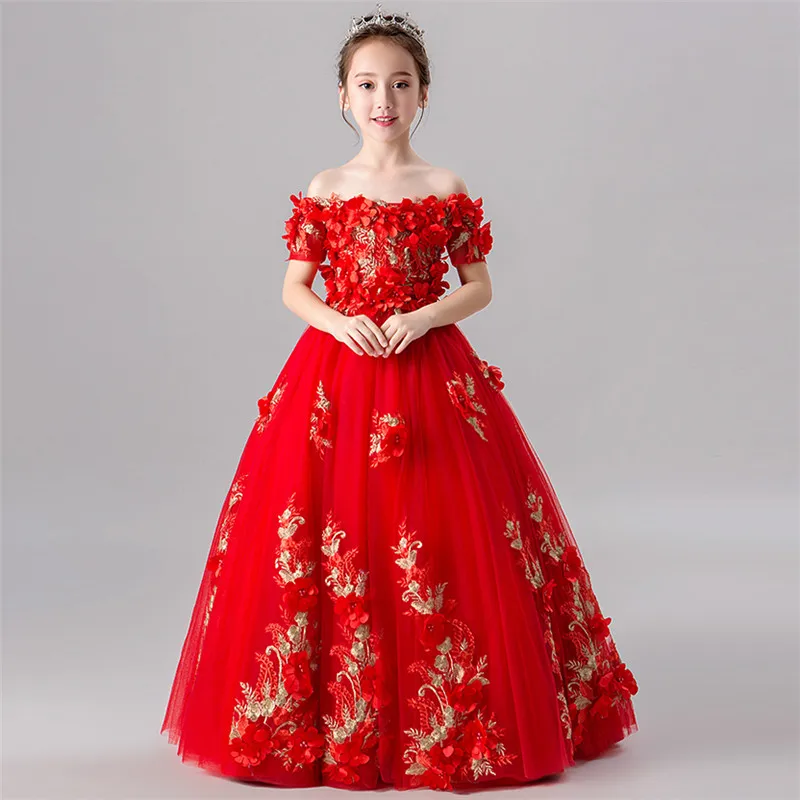 

2019 Elegant Red Color 3~15Years Children Girls Luxury Shoulderless Appliques Flowers Birthday Wedding Party Princess Long Dress