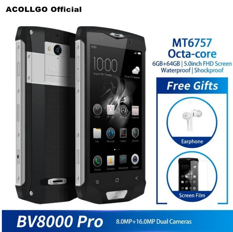 BlackView BV8000 Pro 5,0 "FHD MTK6757 Восьмиядерный 6 ГБ + 64 ГБ Android 7,0 16.0MP отпечаток пальца NFC 4180 мАч водонепроницаемый мобильный телефон с IP68