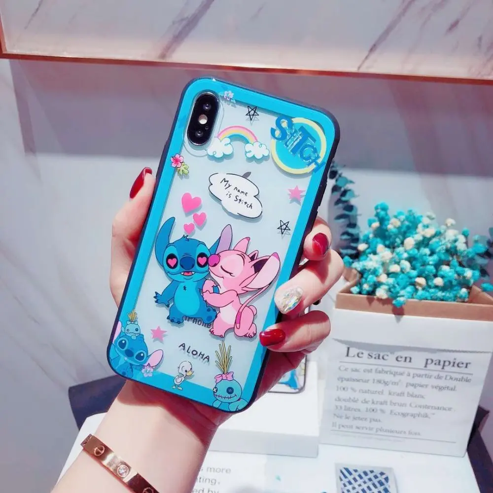 

Disneys Cartoon Stitich Chip&Dale cute Phone Case For iphone 7plus8plus x xr xs max Cases Glass Full package Metallic Anti fall