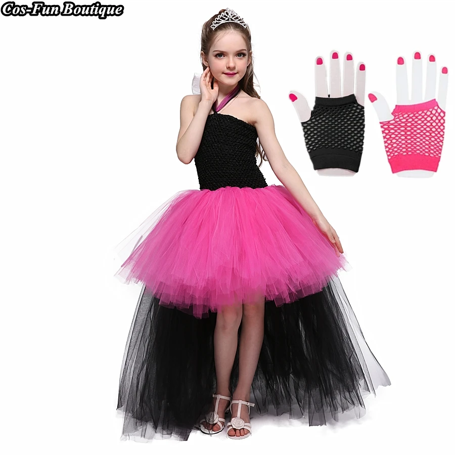 

Rockstar Role Play Costume Novelties 80's Rock Girl Tutu Dress Hot Pink&Black Train Baby Girl Party Dress Up With Gloves