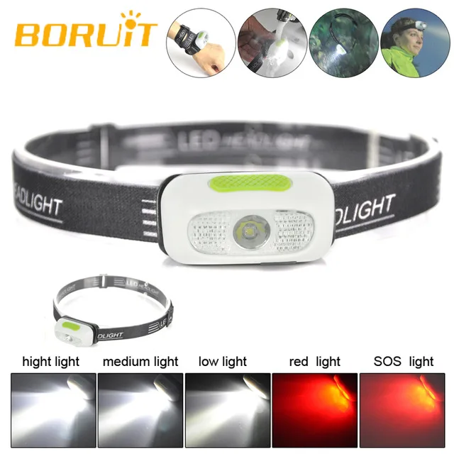 

BORUiT USB Mini Rechargeable LED Headlamp 1000Lm Body Motion Sensor Red SOS Camping Headlight Built in Battery