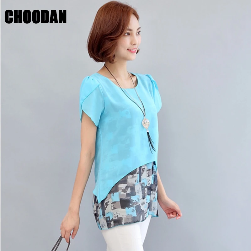 Women Blouses And Shirts 2017 Summer Short Sleeve Fashion Faux Two Piece Chiffon Blouse Plus Size Ladies Tops Puff Sleeve Shirt