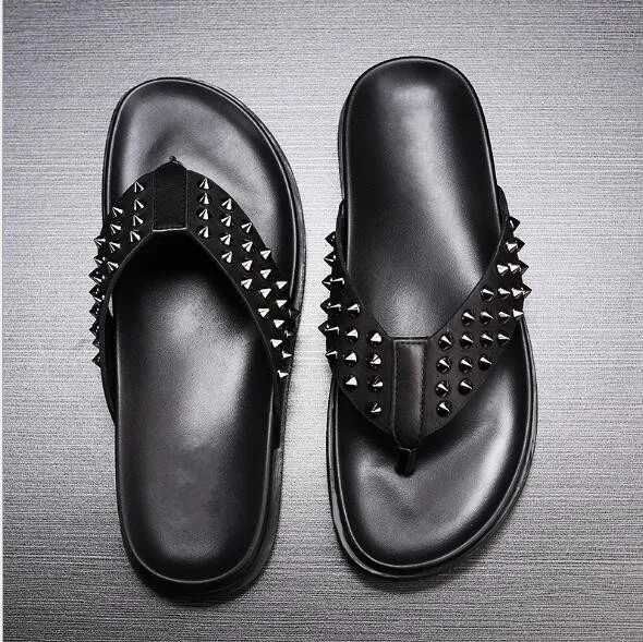 Черный с заклепками вьетнамки на плоской подошве для отдыха Летние сандалии из натуральной кожи мужские шлепки