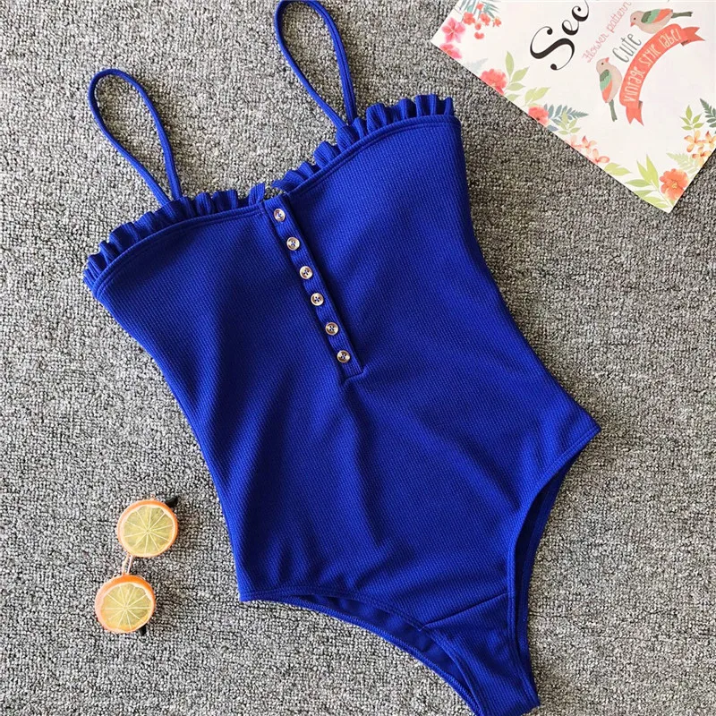 Сексуальный женский слитный купальник в рубчик с глубоким вырезом, пляжная одежда, купальник, винтажный купальник с пуш-ап, монокини с высокой талией, купальный костюм - Цвет: Blue