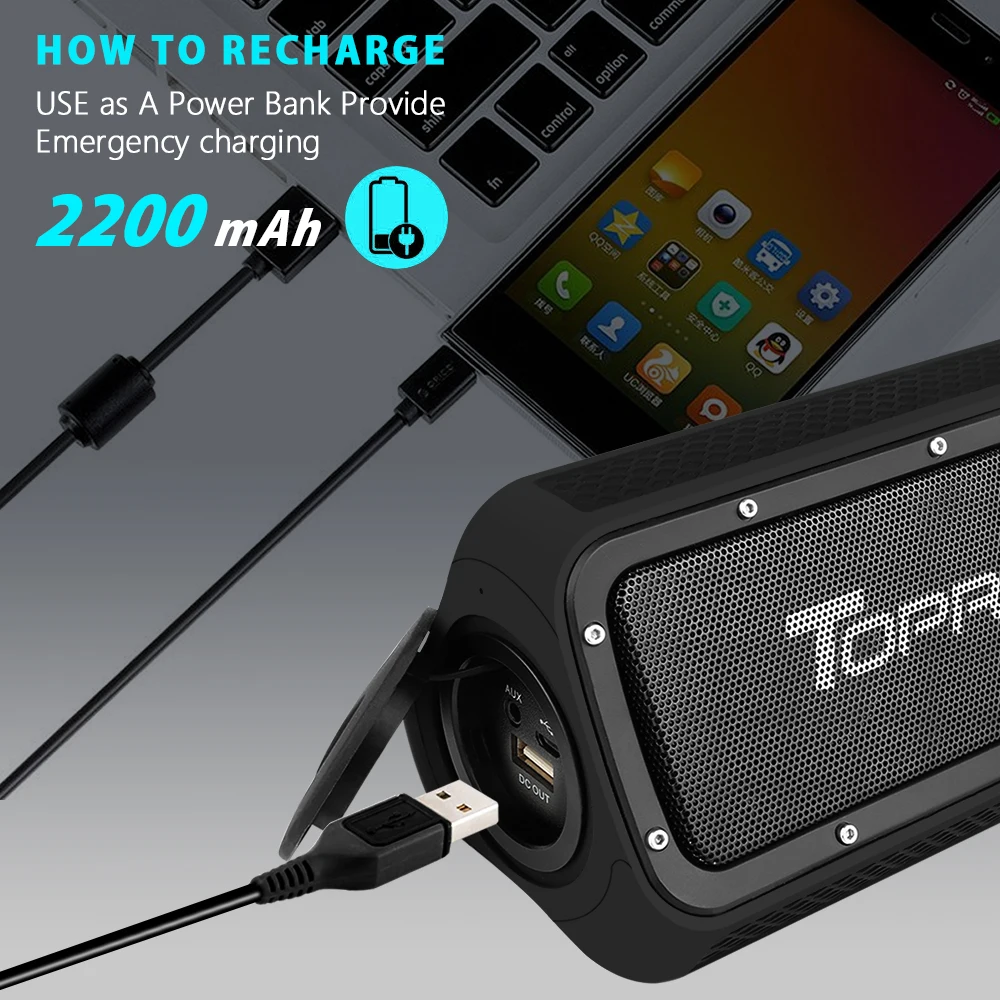 TOPROAD 10 Вт водонепроницаемый стерео Bluetooth динамик Портативный Спорт на открытом воздухе беспроводной динамик s поддержка Hands-free Аварийная зарядка