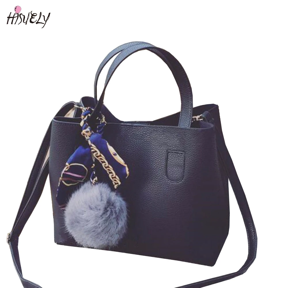 

Hot Sale New Hair ball Scarves Women PU Leather Handbags Fashion Designer Black Bucket Vintage Shoulder Bag Message Bag Satchel