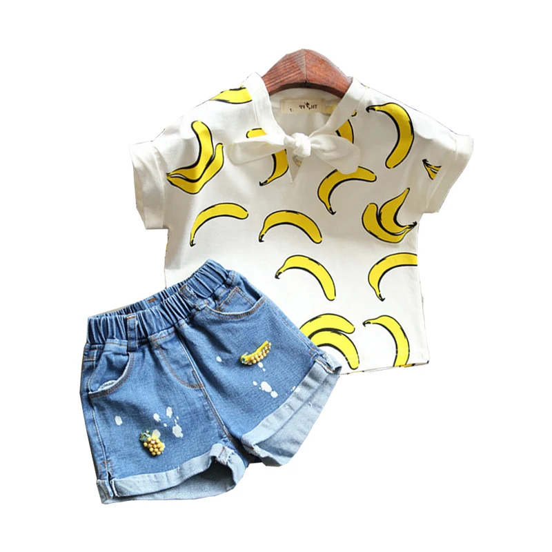 

3 4 5 6 7 8 Year Girls Summer Clothes 2019 New Casual Baby Children Clothing Set Printed T-shirt Denim Shorts Kids Suits