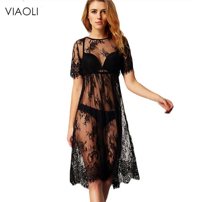

VIAOLI New Black Sexy Beach Cover Up Lace Embroidered Mesh Cover Ups Short Sleeve Swimsuit Cover Up Summer Dress Beach Wear
