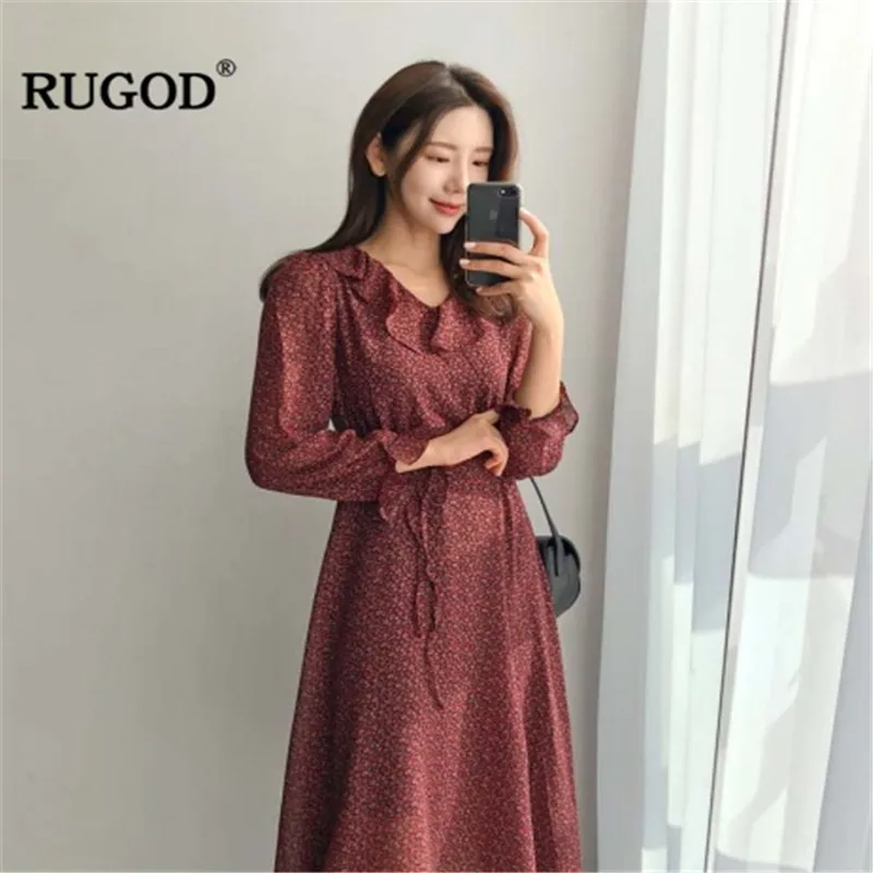

RUGOD Solid women dress mid-calf flare sleeves ruffled neck loose high waist elegant sweet korean style spirng fashion sukienki