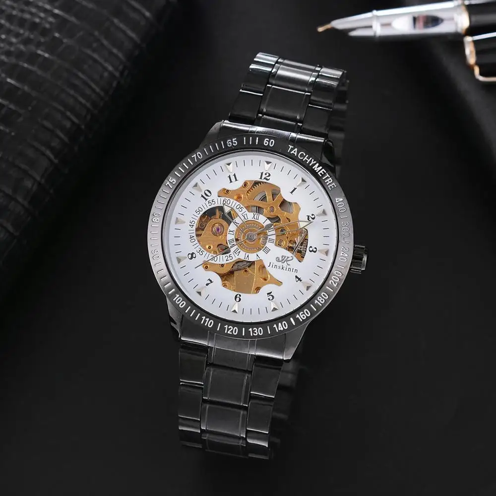 Новые Мужские часы Мужские автоматические механические часы в стиле милитари с циферблатом скелета из меди и нержавеющей стали ремешок часы Топ бренд класса люкс - Цвет: Black White Gold