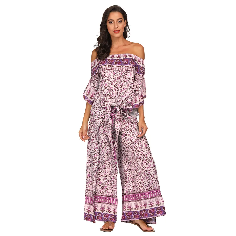 

Two Pieces Breathable 3d Small Flover Printed Yoga Set Flare Sleeve One Shoulder Quick Dry Split Long Loose Pants Summer New