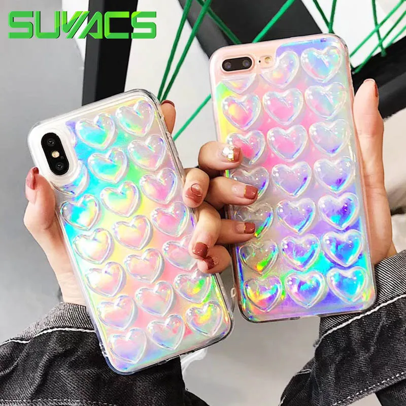 

SUYACS Rainbow Holographic Laser Phone Case For iPhone 7 8 Plus X XS MAX XR 5S 6 6S Soft TPU Glossy 3D Hearts Back Bag With Rope