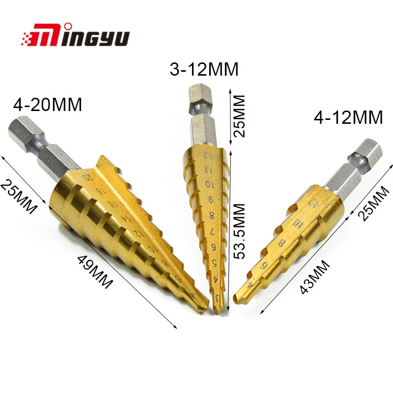 

Metric Spiral Flute The Pagoda Shape Hole Cutter Drill Bits Hex Shank 3-12/4-12/20mm HSS Steel Cone Step Metal Drill Bit Set