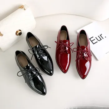 

MLJUESE 2019 women pumps Soft Cow leather autumn spring Rome style lace up wine red color pointed toe low heels shoes size 42