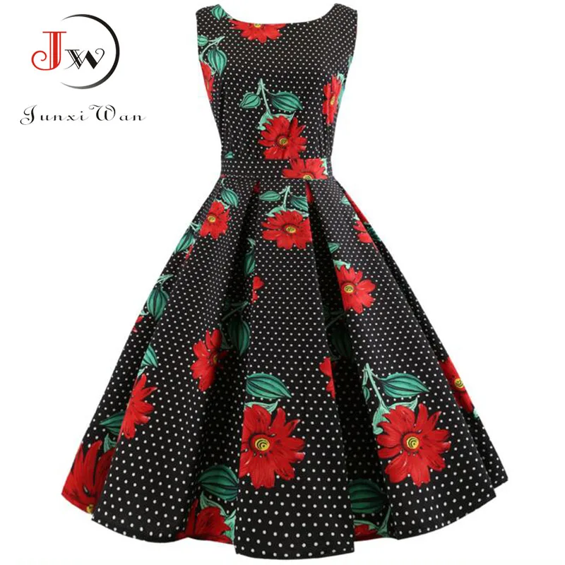 

Black Polka Dot Dress Women Summer Casual Floral Sleeveless Midi Work Office Party Dresses Vintage Big Swing Rockabilly Vestidos