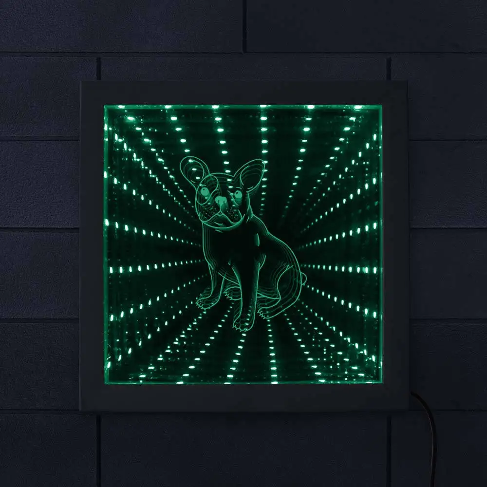 

French Bulldog Lighted Mirror Color Changing Infinity Mirror Wall Art Light Frenchie Dog Breed Wood Frame Infinite LED Tunnel