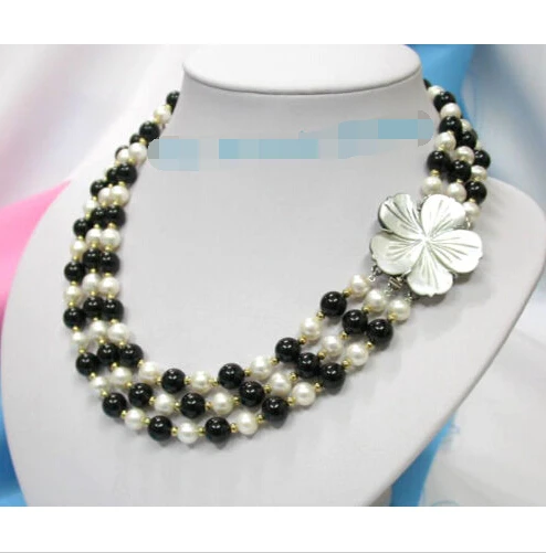 

3row white cultured pearls black agate necklace shell c @^Noble style Natural Fine jewe FREE SHIPPING