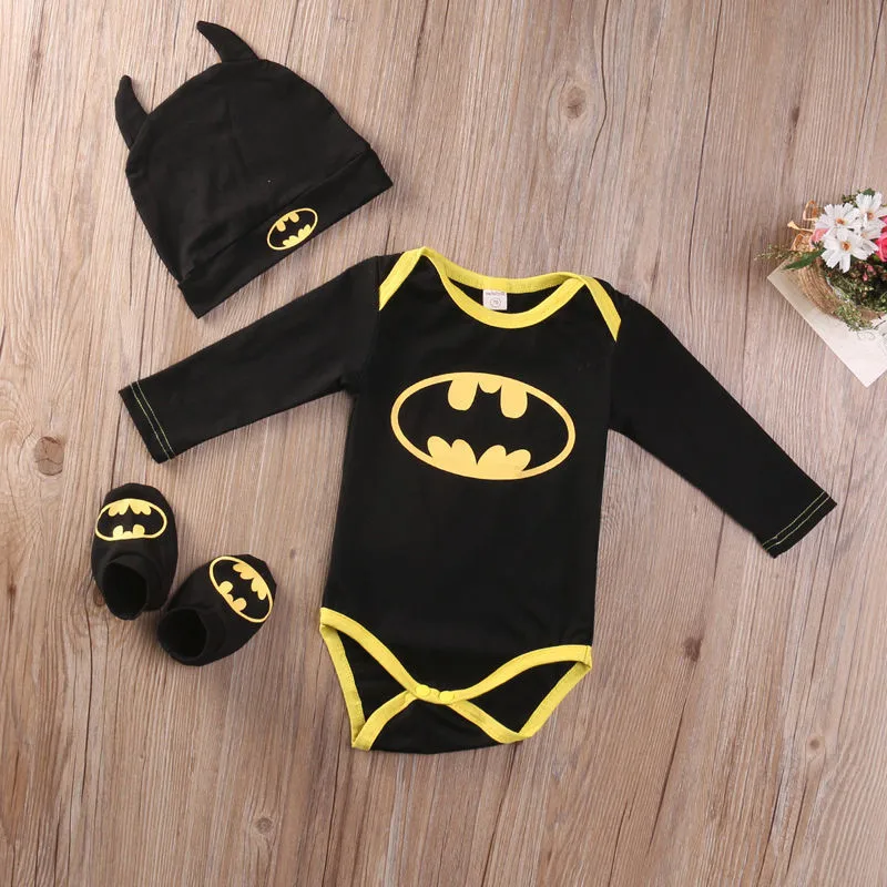 Одежда для новорожденных мальчиков и девочек, брюки-Бэтмен+ обувь+ шляпа, костюмы, комплект одежды из 3 предметов