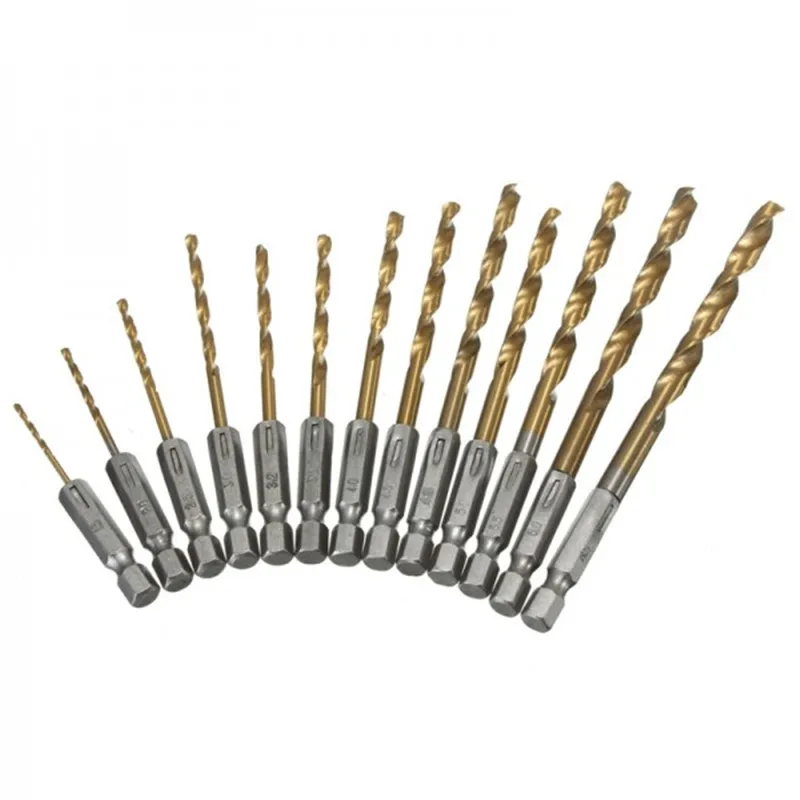 13Pcs HSS Hex Shank Drill Bit Set Quick Change Titanium Coated 1 5 6