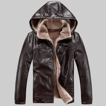 

Winter high-end Leisure men's leather jackets plus velvet warm coat men's jacket casual windproof PU leather hooded Removable