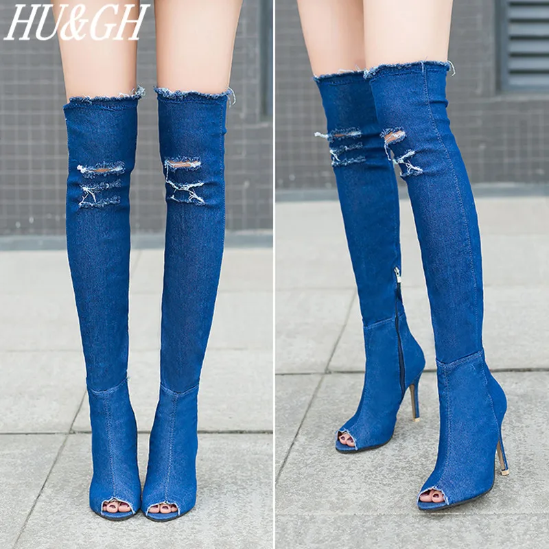 denim over the knee peep toe boots