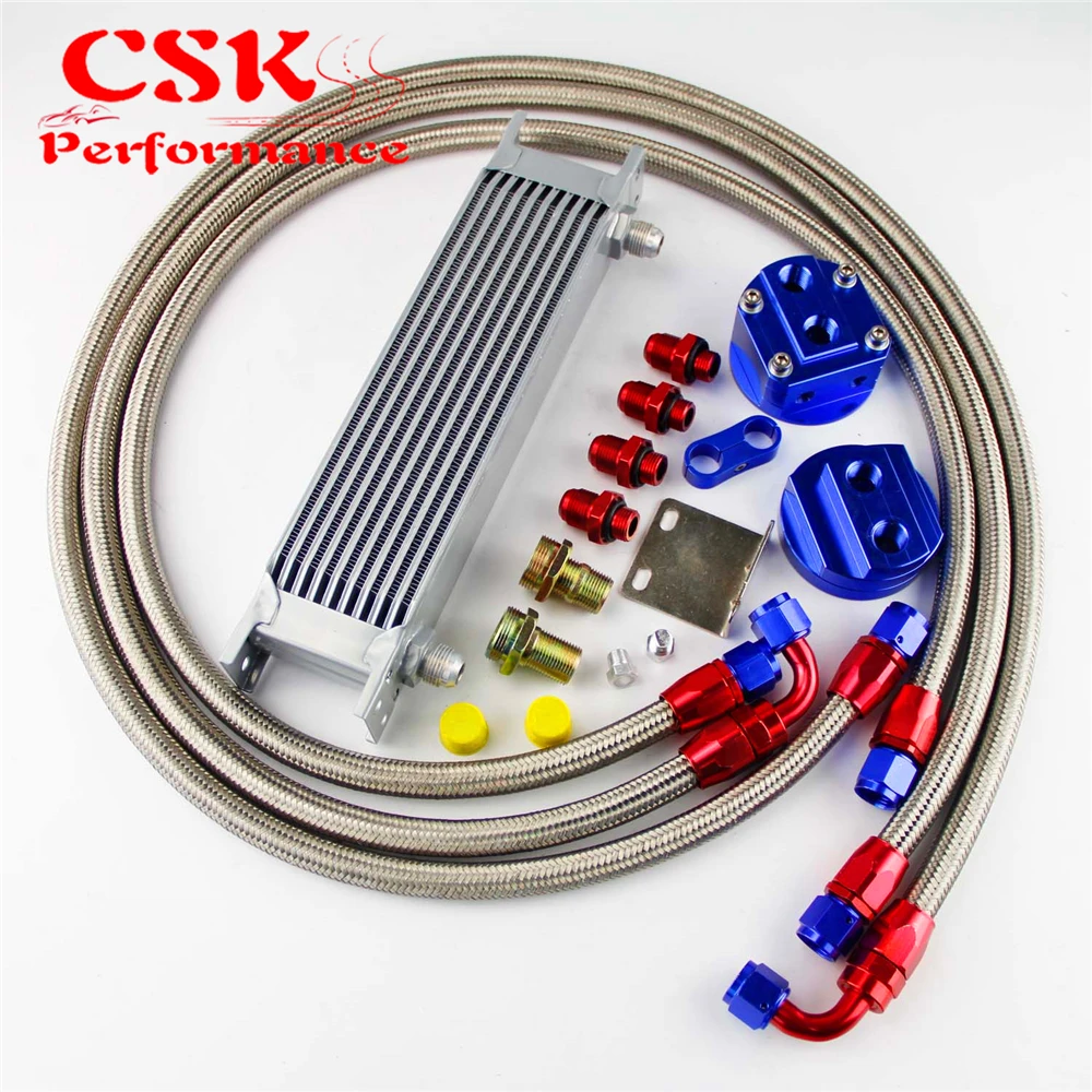 Best Price Universal 10 Row 248mm AN8 Engine Transmission Oil Cooler British Type + Aluminum Filter Adapter Kit Black/Blue